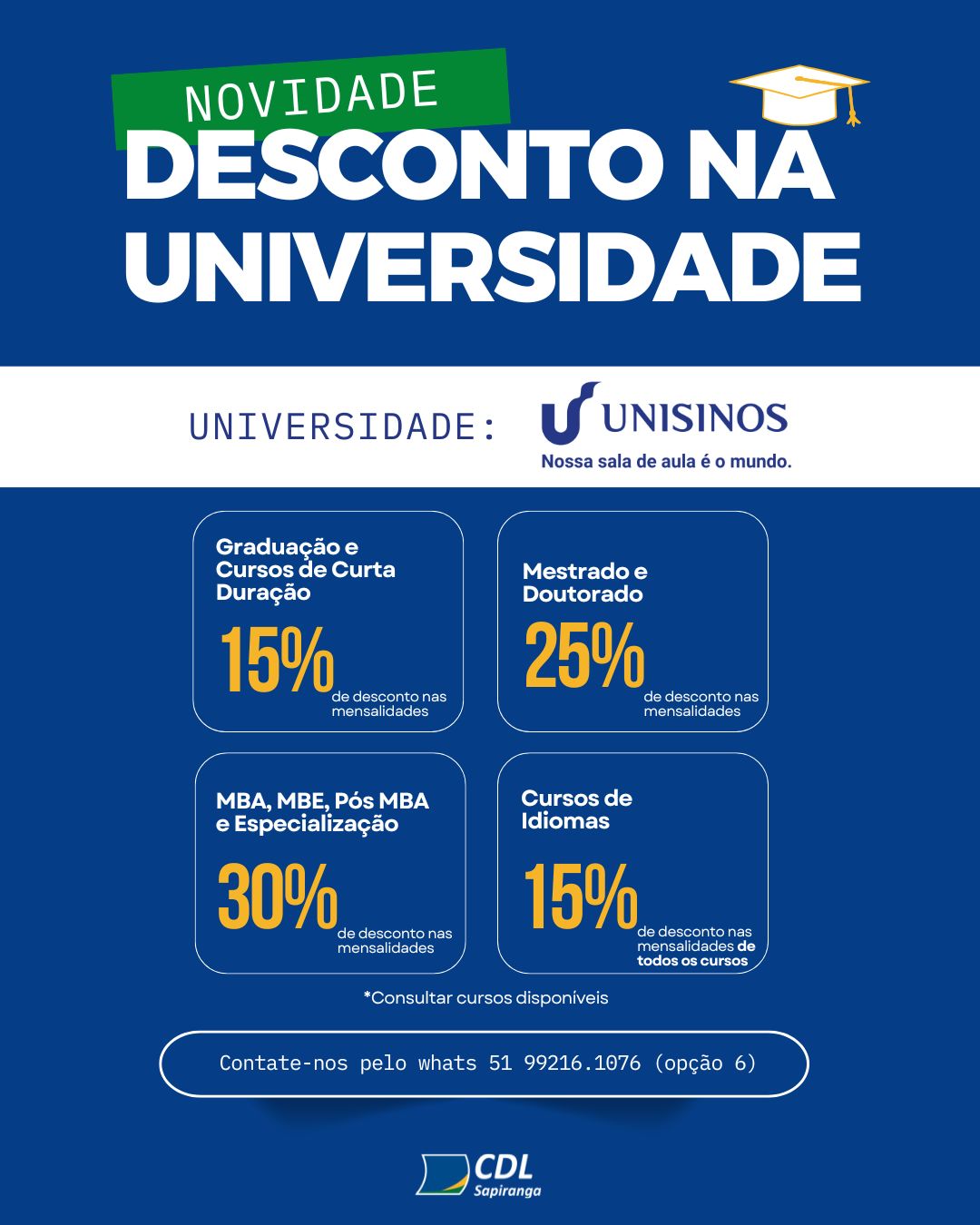 CDL Sapiranga firma parceria com Unisinos e oferece até 30% de desconto em cursos universitários
